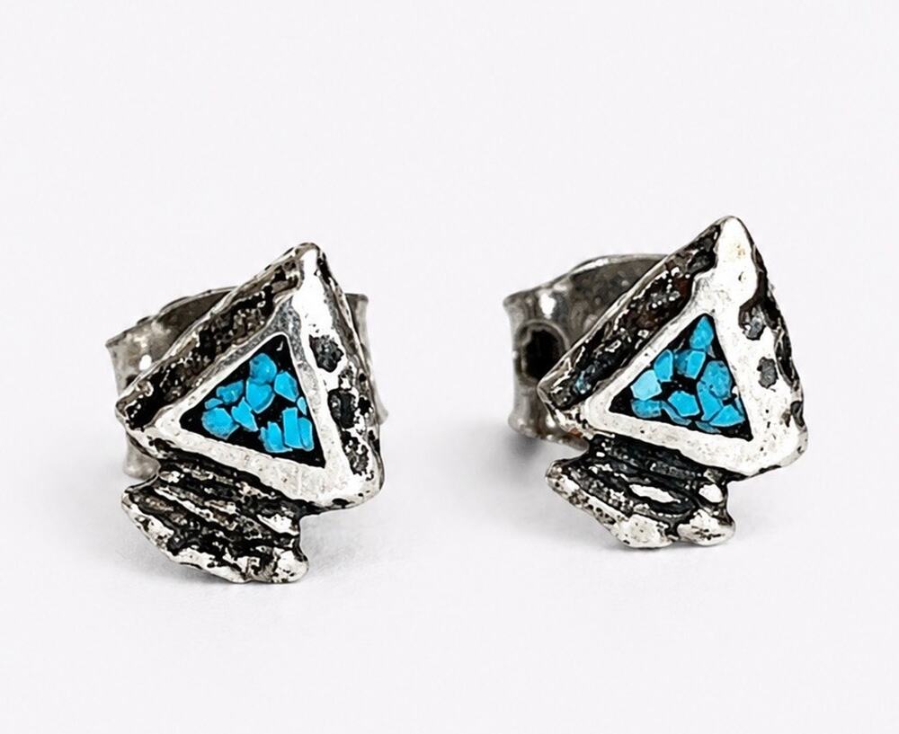 Vintage Native American Sterling Silver Turquoise Inlay Arrowhead Stud Earrings
